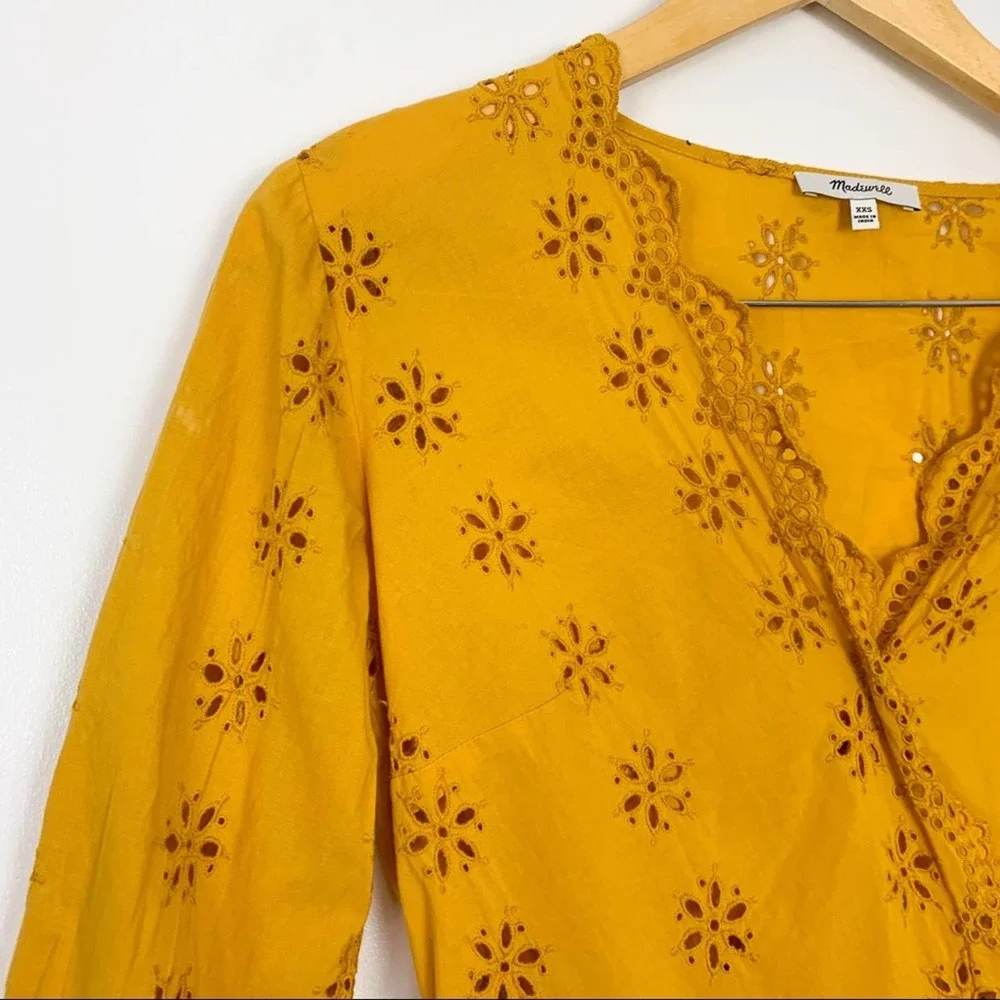Madewell Mustard Yellow Scalloped Eyelet Wrap Top SIze Extra Extra Small - Picture 3 of 16